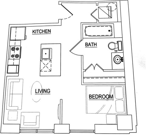 Floor plan for 1 bed, 1 bath, 470 sqft